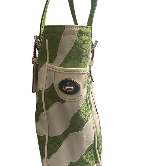 Coach Green & White Zebra Striped Signature Logo Tote - Picture 3 of 15